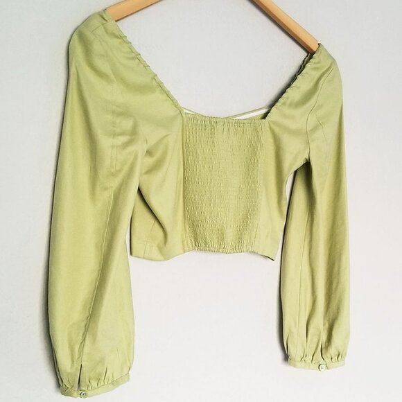 Babaton Aritzia Hadwyn Sweetheart Cropped Smocked Blouse Top Pistachio Green XS - Picture 11 of 14